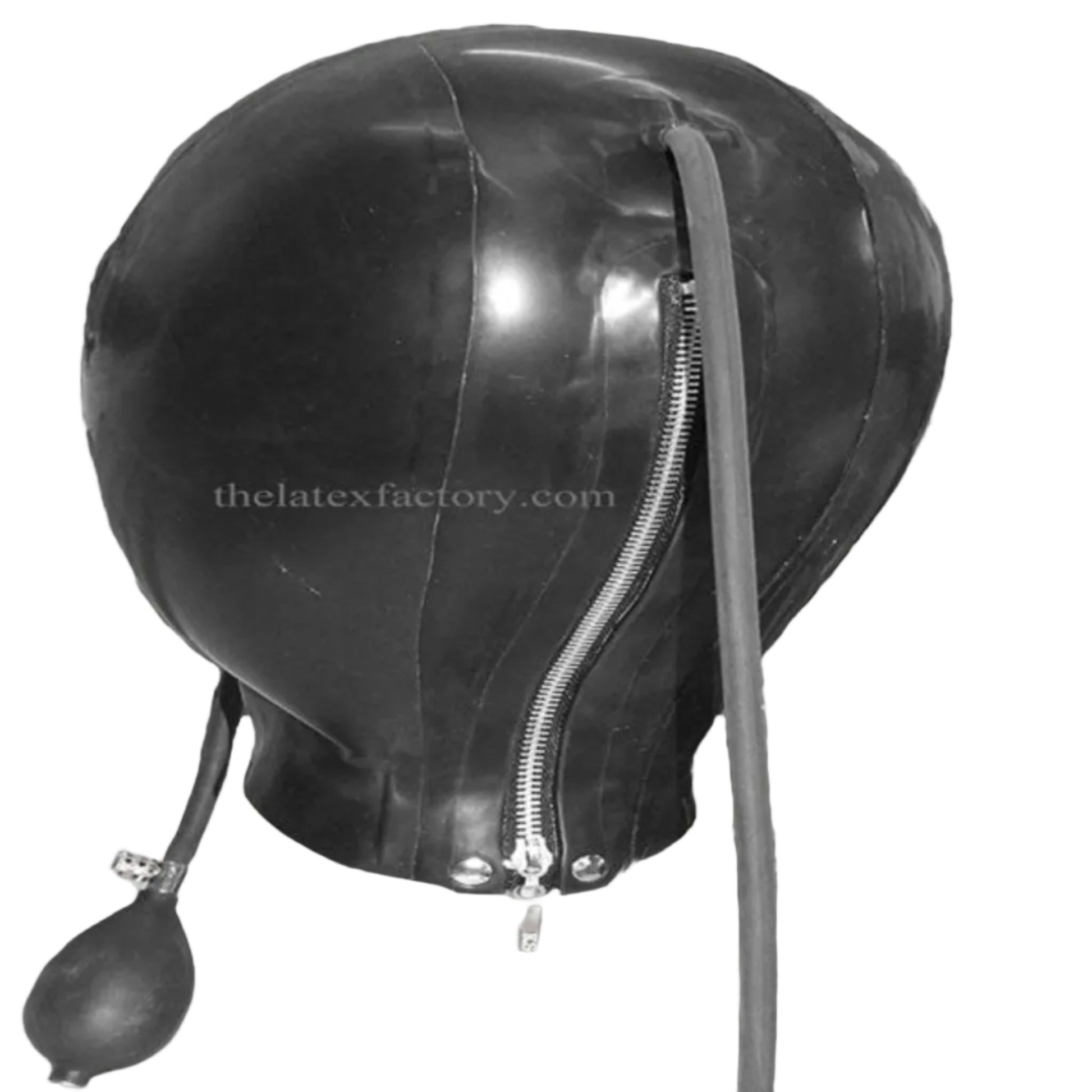 Black latex inflatable hood with mouthpice