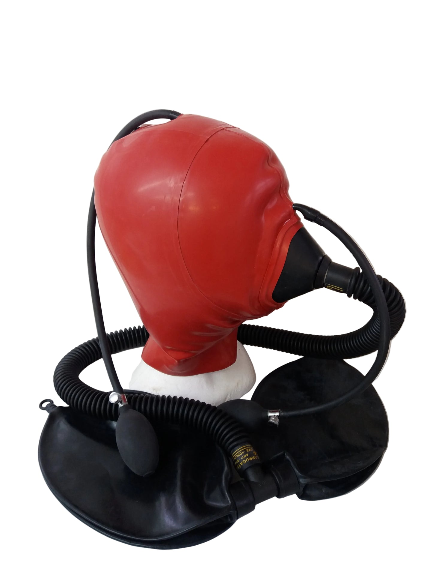 red_inflatable_hood_with_rivets): Red inflatable latex hood with rivets and medical mask, bespoke UK handmade