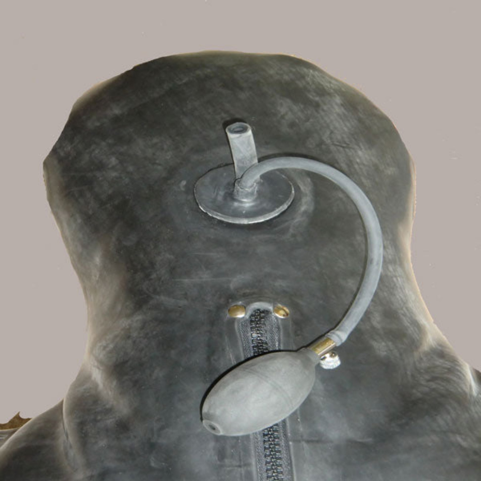 Inflatable latex mouthpiece with air pipe, detail view of bespoke sleep sack hood accessory