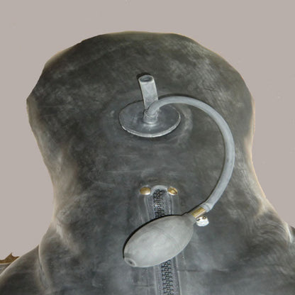 Inflatable latex mouthpiece with air pipe, detail view of bespoke sleep sack hood accessory