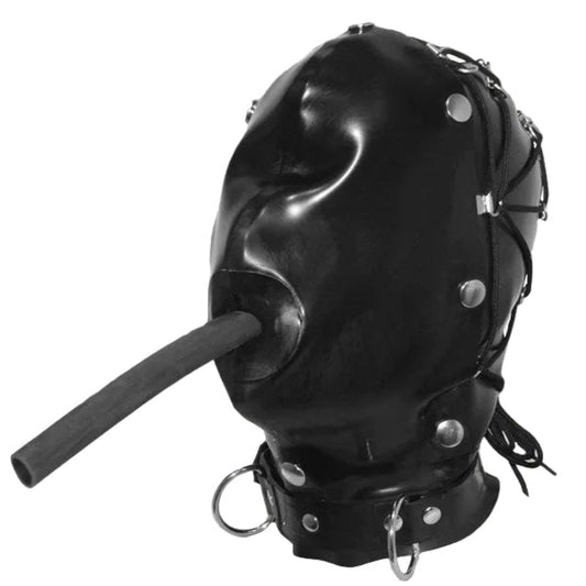 Black Latex Bondage Hood with Air Pipe