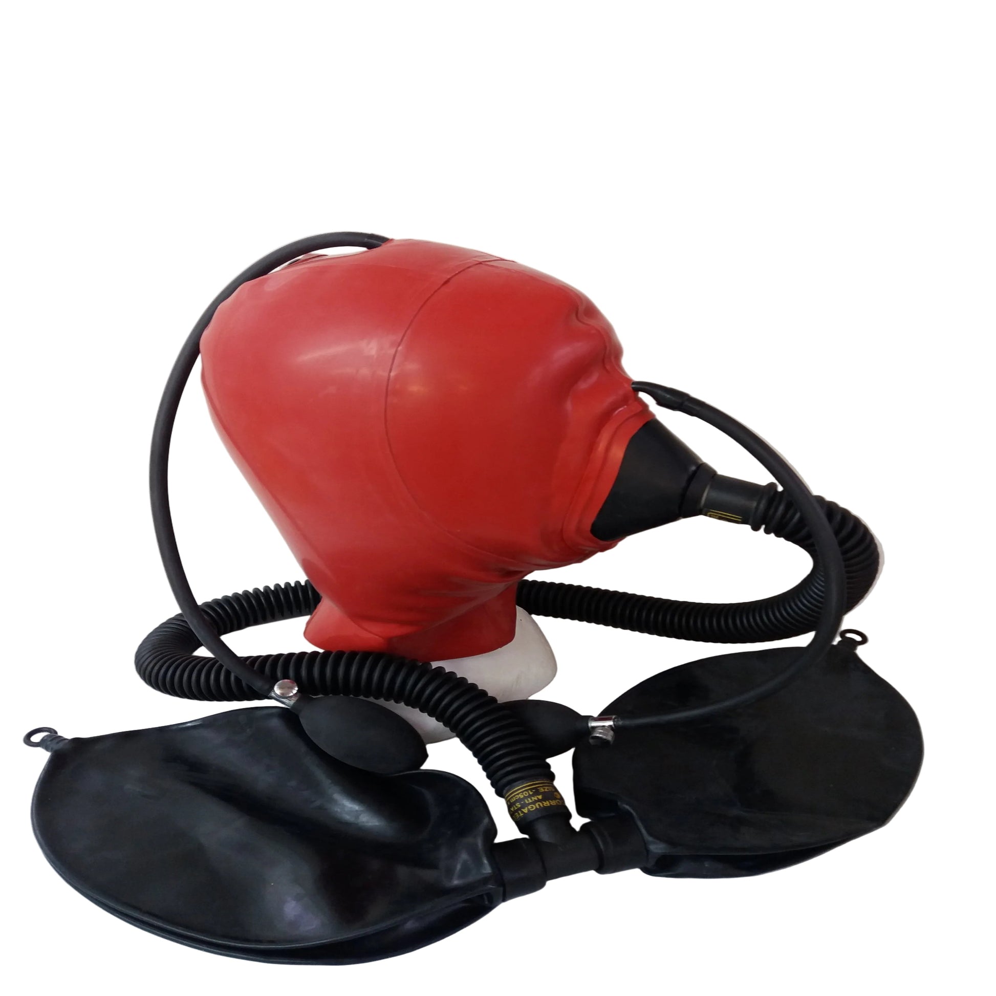 Red and black breathing apparatus on a white background