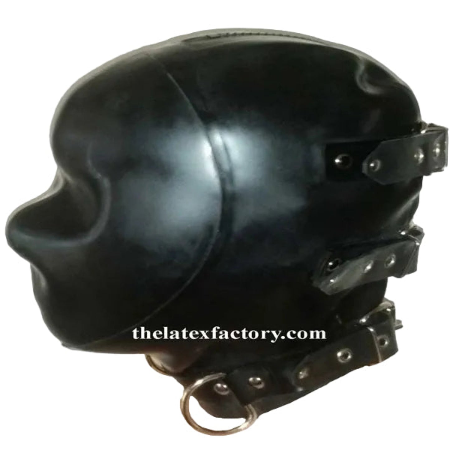 bondage latex hood with two back belts and neck belt