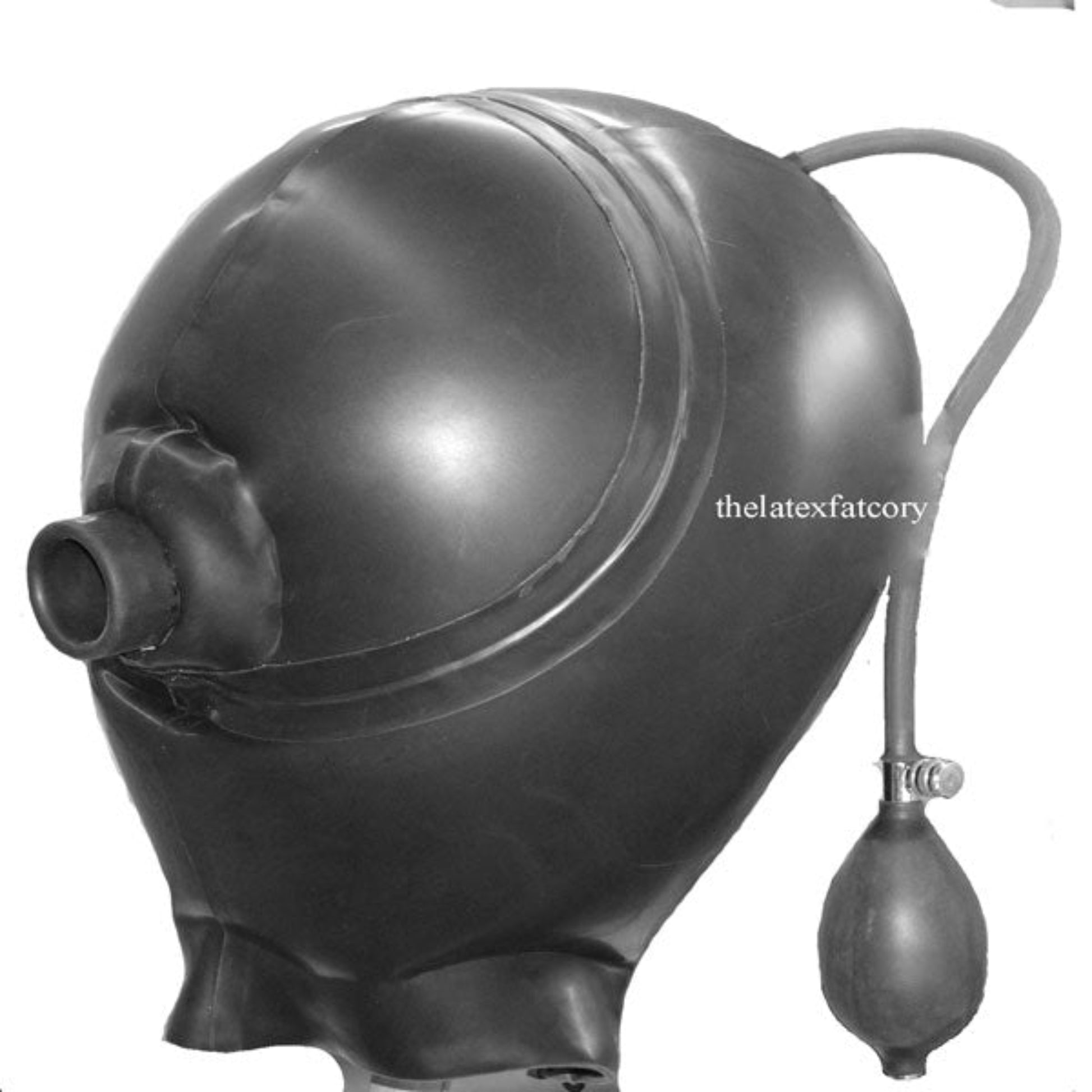 Inflatable latex hood with hard tube mouthpiece double skinned bondage hood handmade in UK